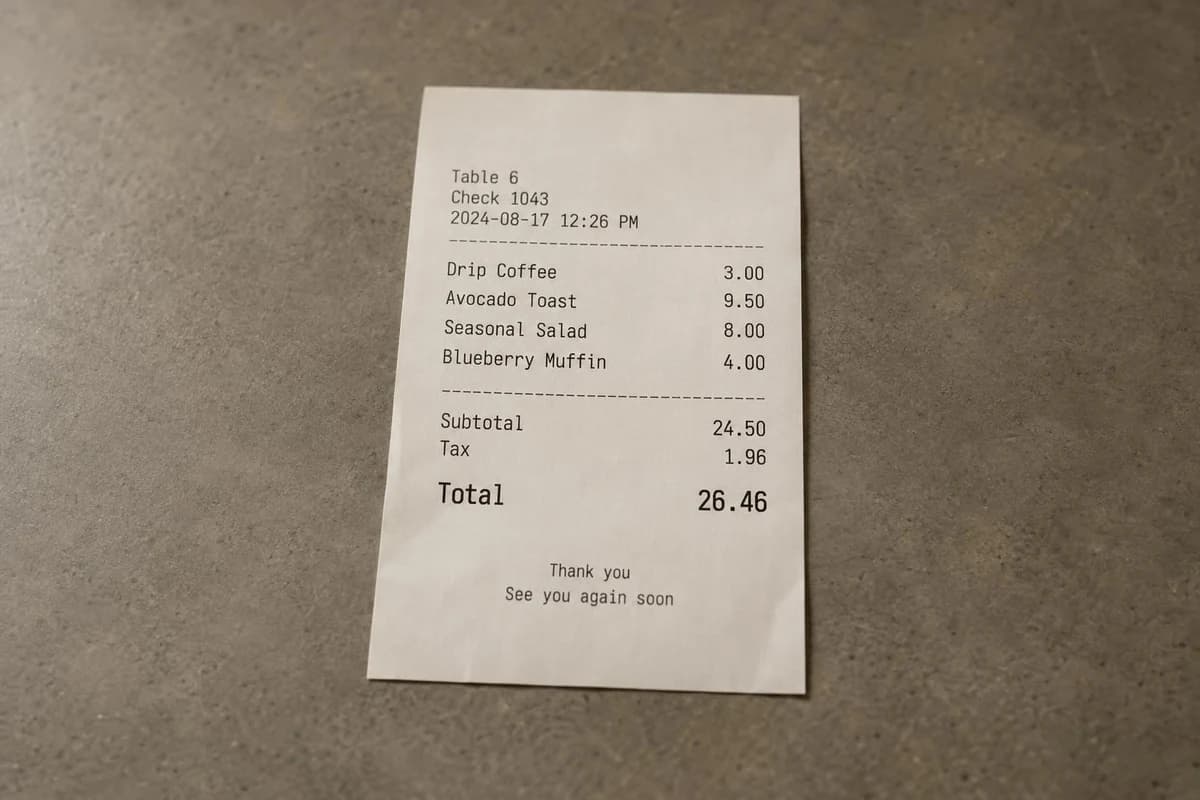 A printed cafe receipt with item names, amounts, tax and total visible.